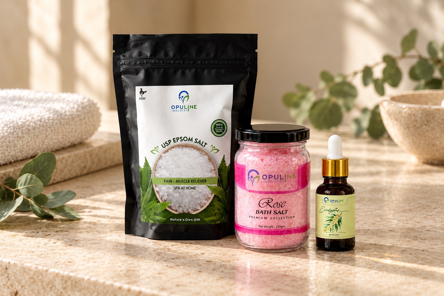 Opuline Pure Minerals & Botanical Spa Sanctuary Collection — Authentic USP Epsom Salt, Rose Bath Salt, and Steam-Distilled Essential Oils